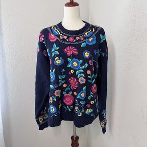 Vintage Carole Hanson Womens Sweater Grannycore Flower Embroidered 2x Colorful